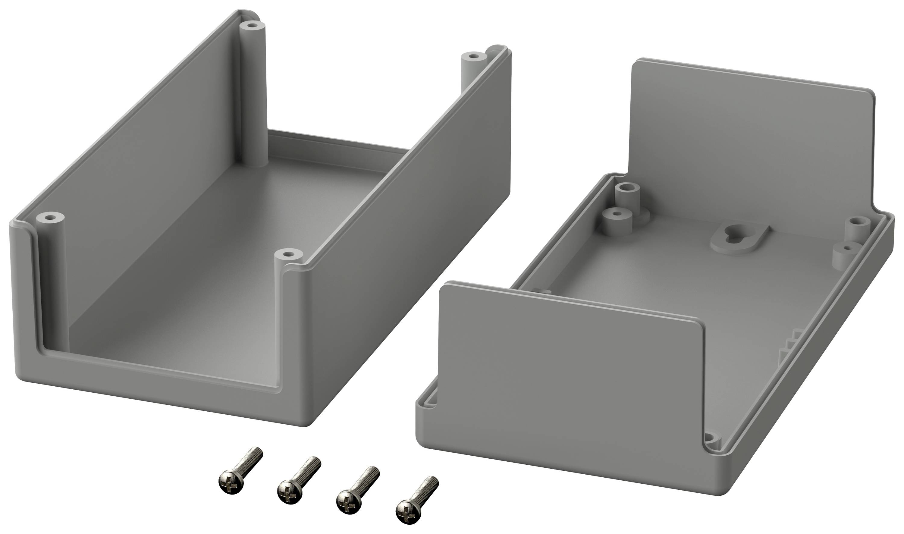 Grey rectangular plastic enclosure in two parts, with four matching screws, suitable for electronic assembly.