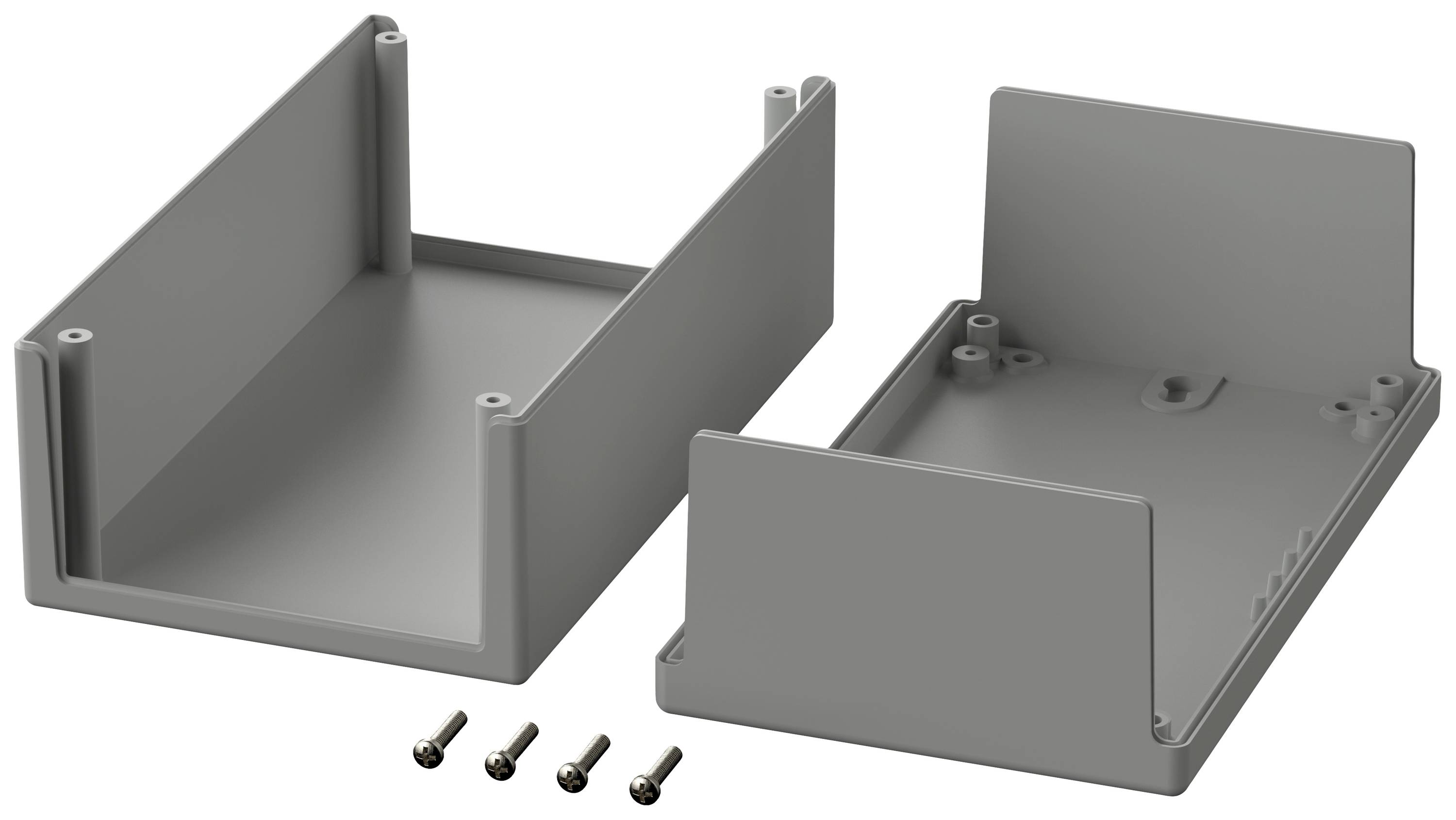 Grey, rectangular plastic casing in two parts, shown unfolded. Four screws are visible underneath.