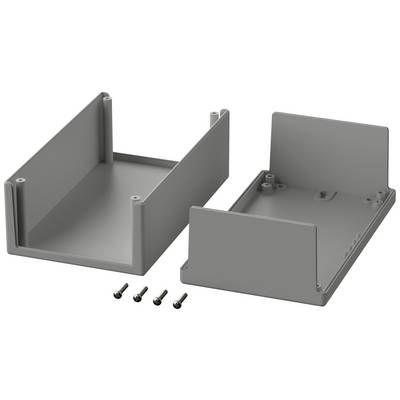 Grey, rectangular plastic casing in two parts, shown unfolded. Four screws are visible underneath.