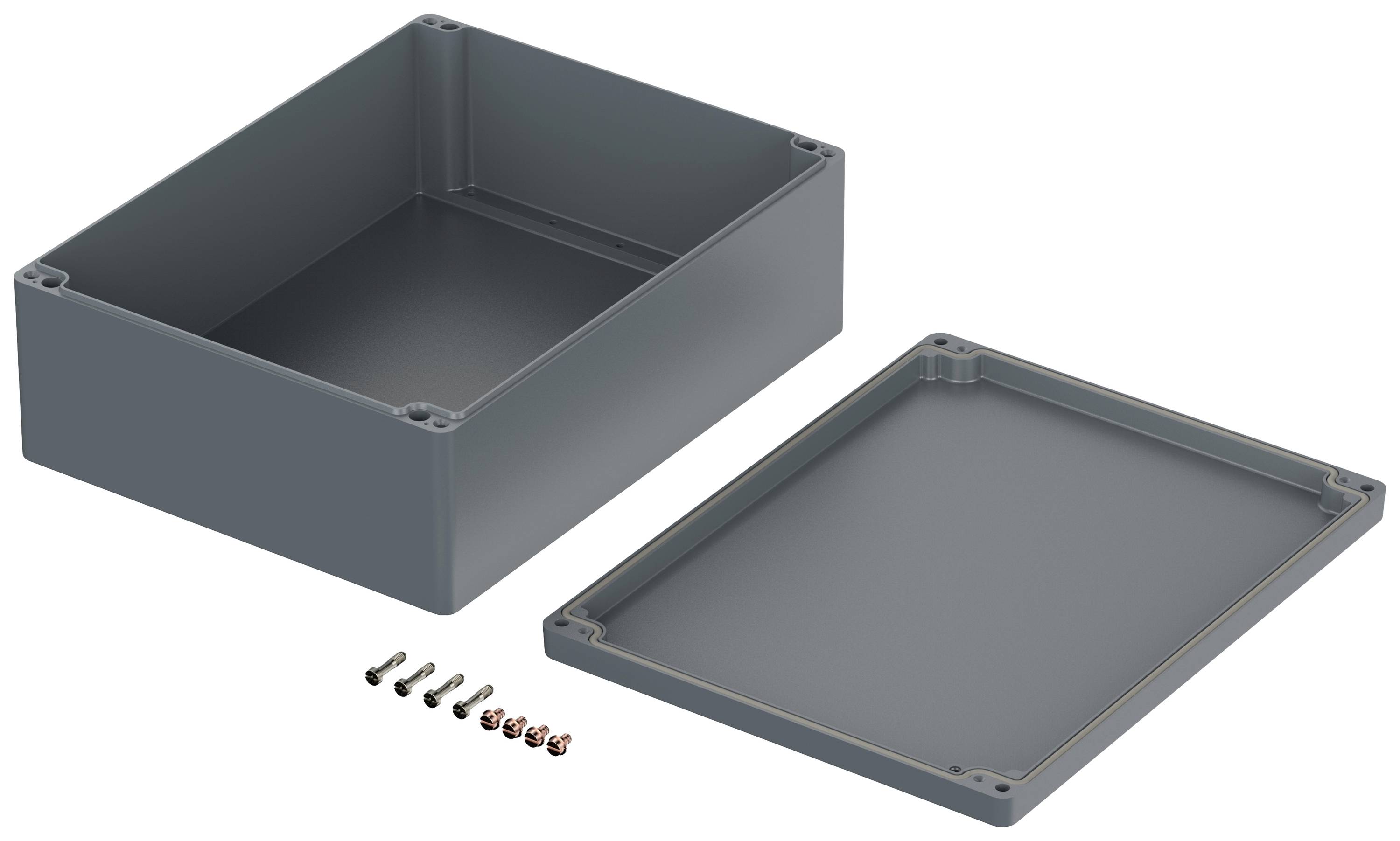 A grey rectangular plastic enclosure with a removable lid, with several screws lying beside it for fastening.