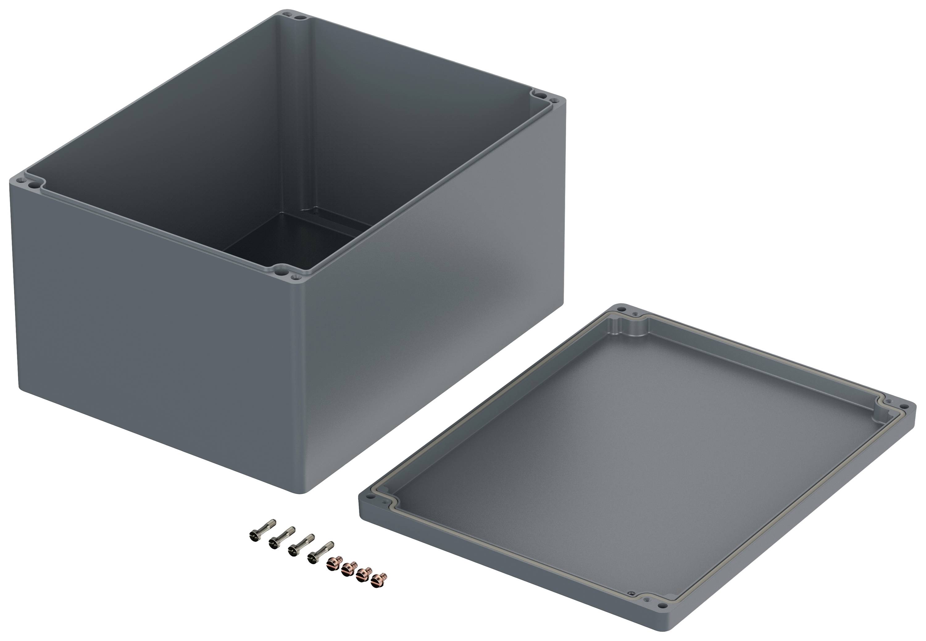 Electronic housing made of dark grey plastic, rectangular, with a removable lid and six mounting screws.