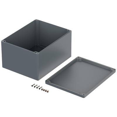 Electronic housing made of dark grey plastic, rectangular, with a removable lid and six mounting screws.