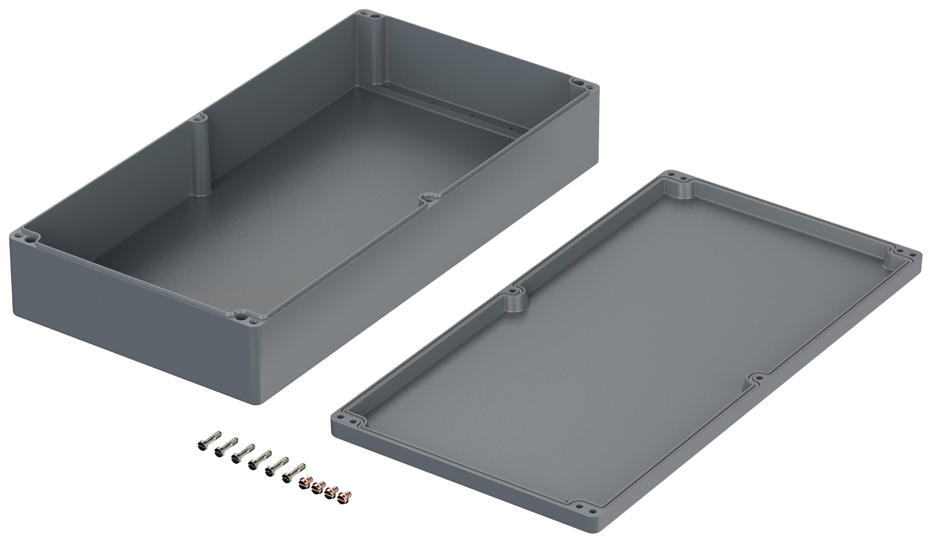 Rectangular, grey enclosure with a removable cover and screws, suitable for electronic components.