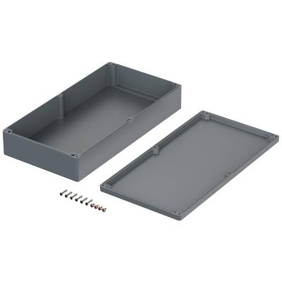 Rectangular, grey enclosure with a removable cover and screws, suitable for electronic components.