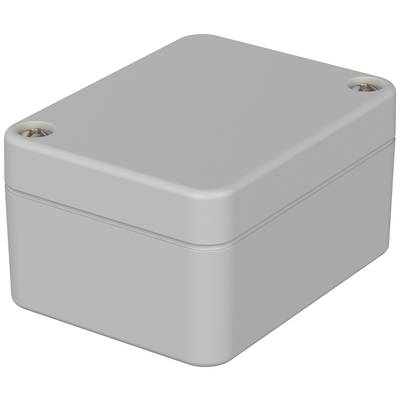A grey, rectangular enclosure with rounded corners and four screws at the corners. It appears to be made of plastic.