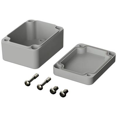 A grey, rectangular enclosure box with a removable lid, with three silver screws lying beside it. Suitable for electronics or cable projects.