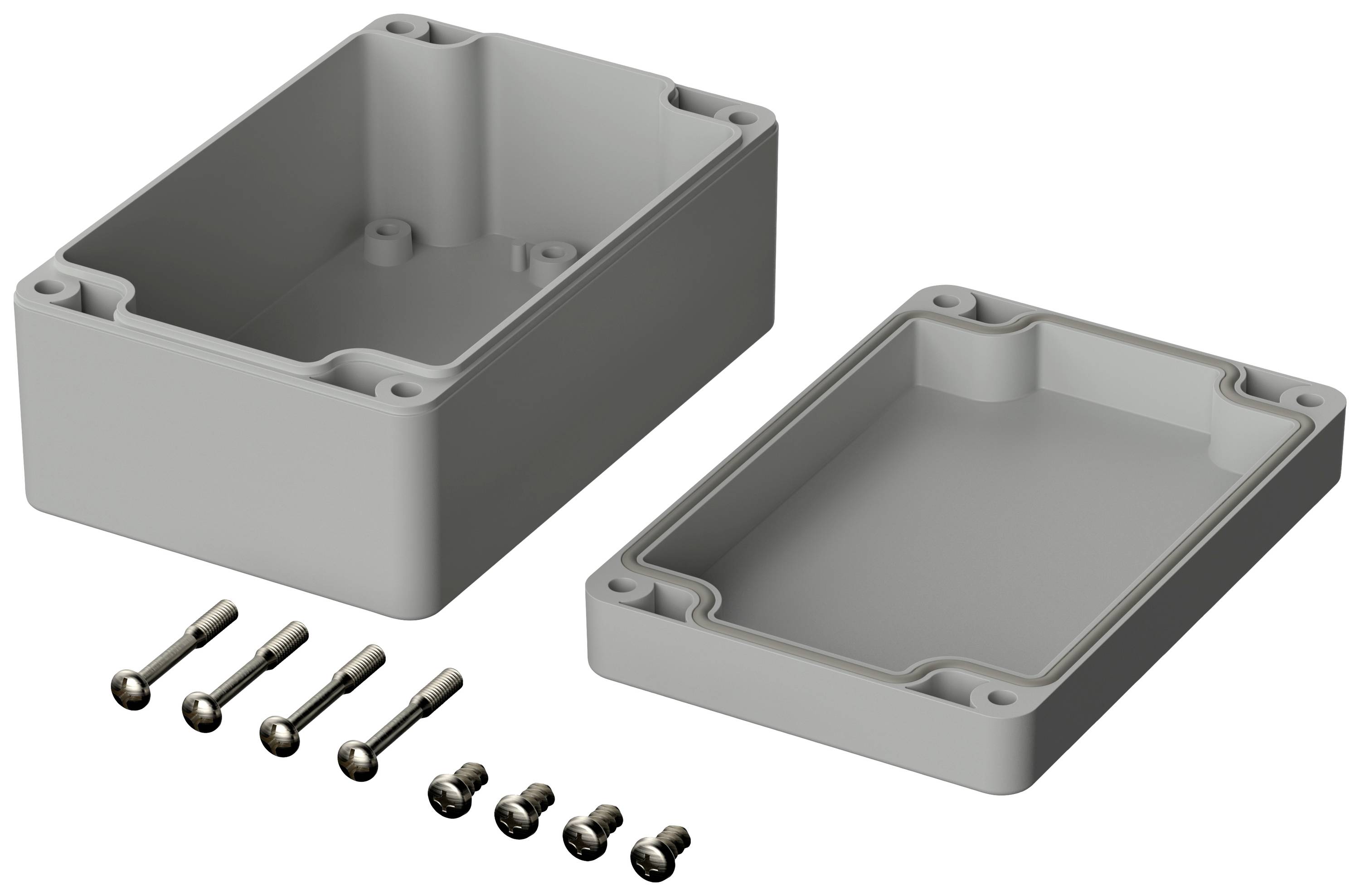 Plastic casing consisting of two parts: a rectangular box and a removable lid. Six screws aligned at the front.