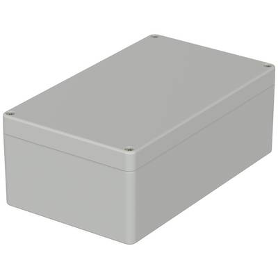 Grey rectangular plastic enclosure, suitable for electronic or electrical components, secured with screws at the corners.