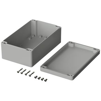 Grey plastic enclosure with a removable lid and mounting screws, suitable for electronic components.
