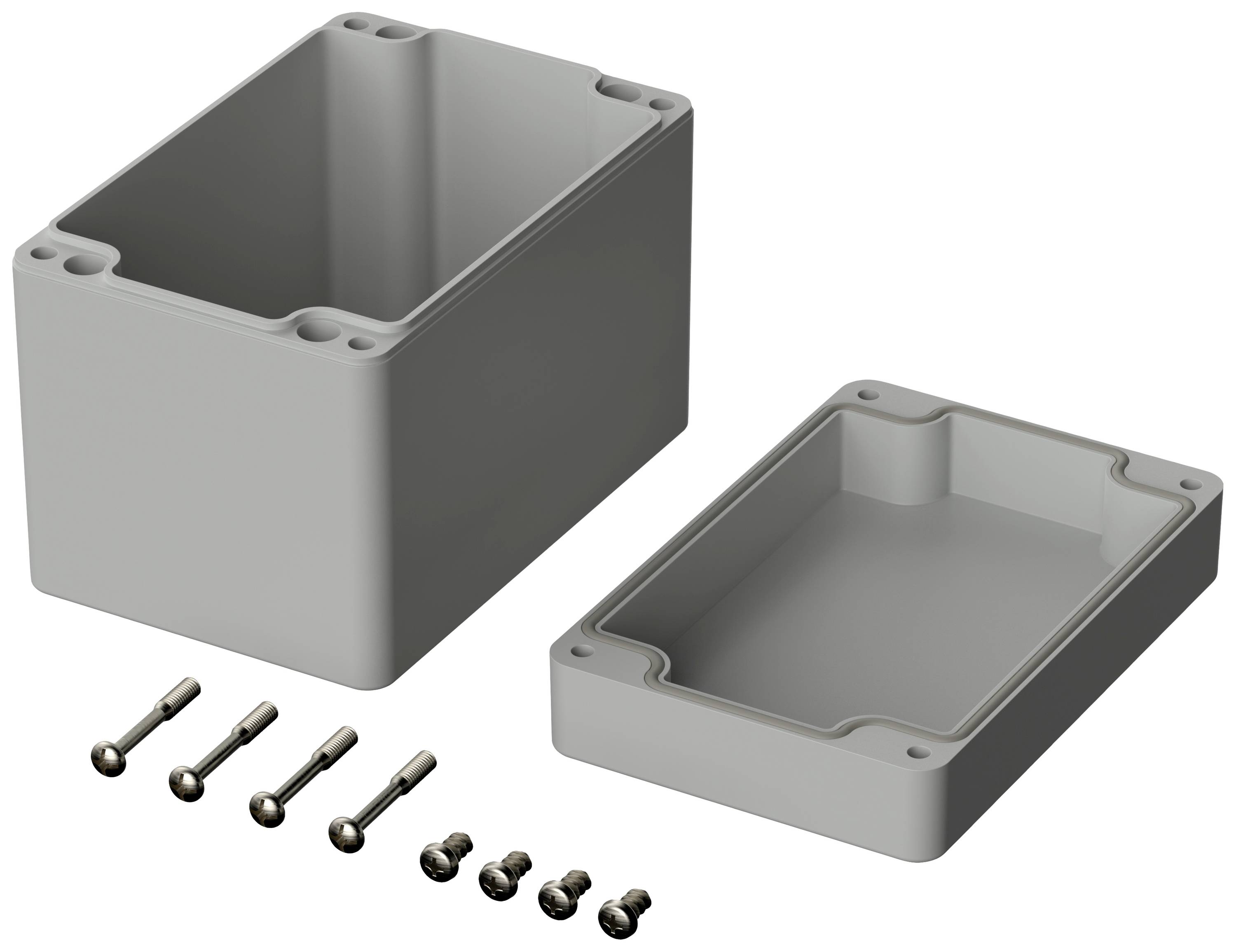 Two rectangular grey plastic enclosures, one with an open lid. Six screws beside them. Used for electronic device casings.