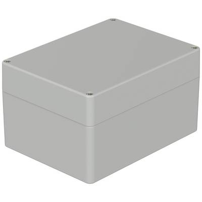 Grey rectangular enclosure with rounded corners and four screws at the corners of the top surface.