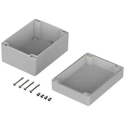 Rectangular grey enclosure with a lid and screws, shown open. Suitable for electronic or electrical engineering applications.