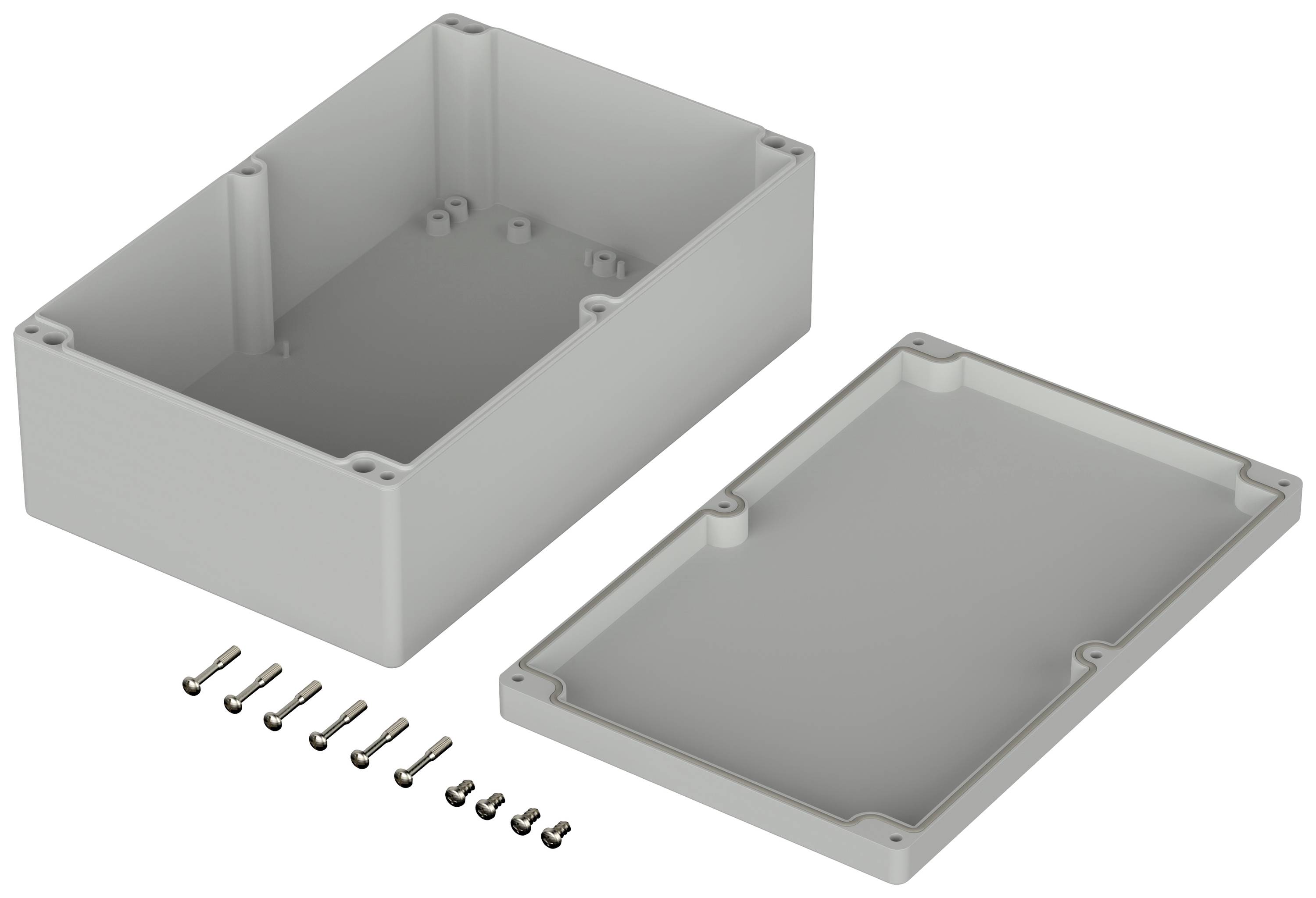 Grey rectangular plastic enclosure consisting of a base and a lid, with eight screws for sealing nearby.