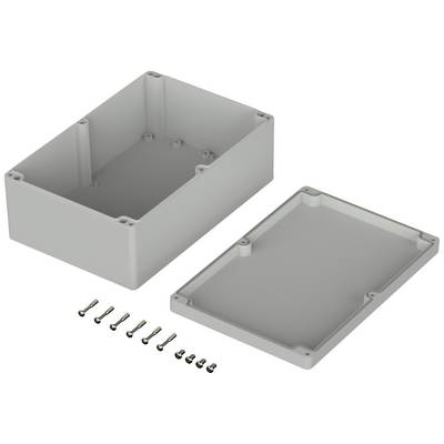 Housing in two parts: lid and base. Eight screws alongside for fastening. Suitable for electronic applications.