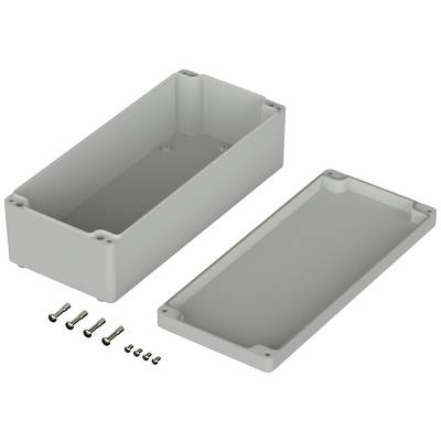 Shown is a rectangular plastic electronics enclosure consisting of a base and a lid. Six screws are placed beside it.