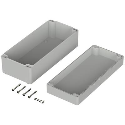 Plastic enclosure in two parts, upper and lower halves. Screws for fastening are placed beside it.