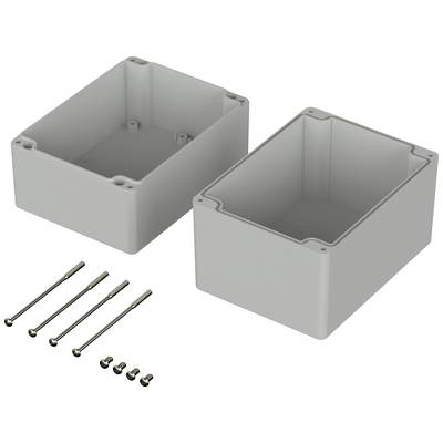 Two grey plastic casings and screws for fastening.