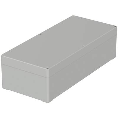 A rectangular, grey plastic enclosure with screws at the corners, likely intended for electronic components.