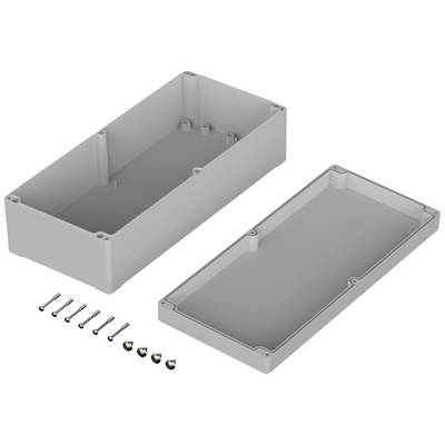 Electronic enclosure made of grey plastic, comprising a lid and base, with accompanying screws for assembly.