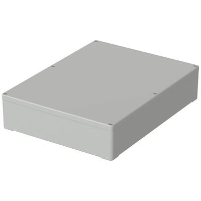 Grey electrical enclosure in rectangular form. Designed for the secure housing of electrical components, closed with screws.