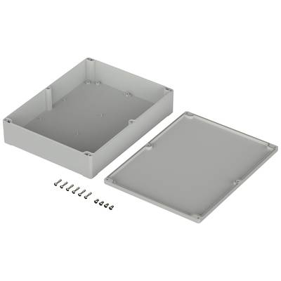 Grey-grey rectangular enclosure, shown open with a cover and several screws beside it, against a white background.