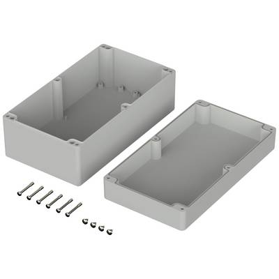 Housing made of grey plastic, consisting of two parts with screws for fastening.