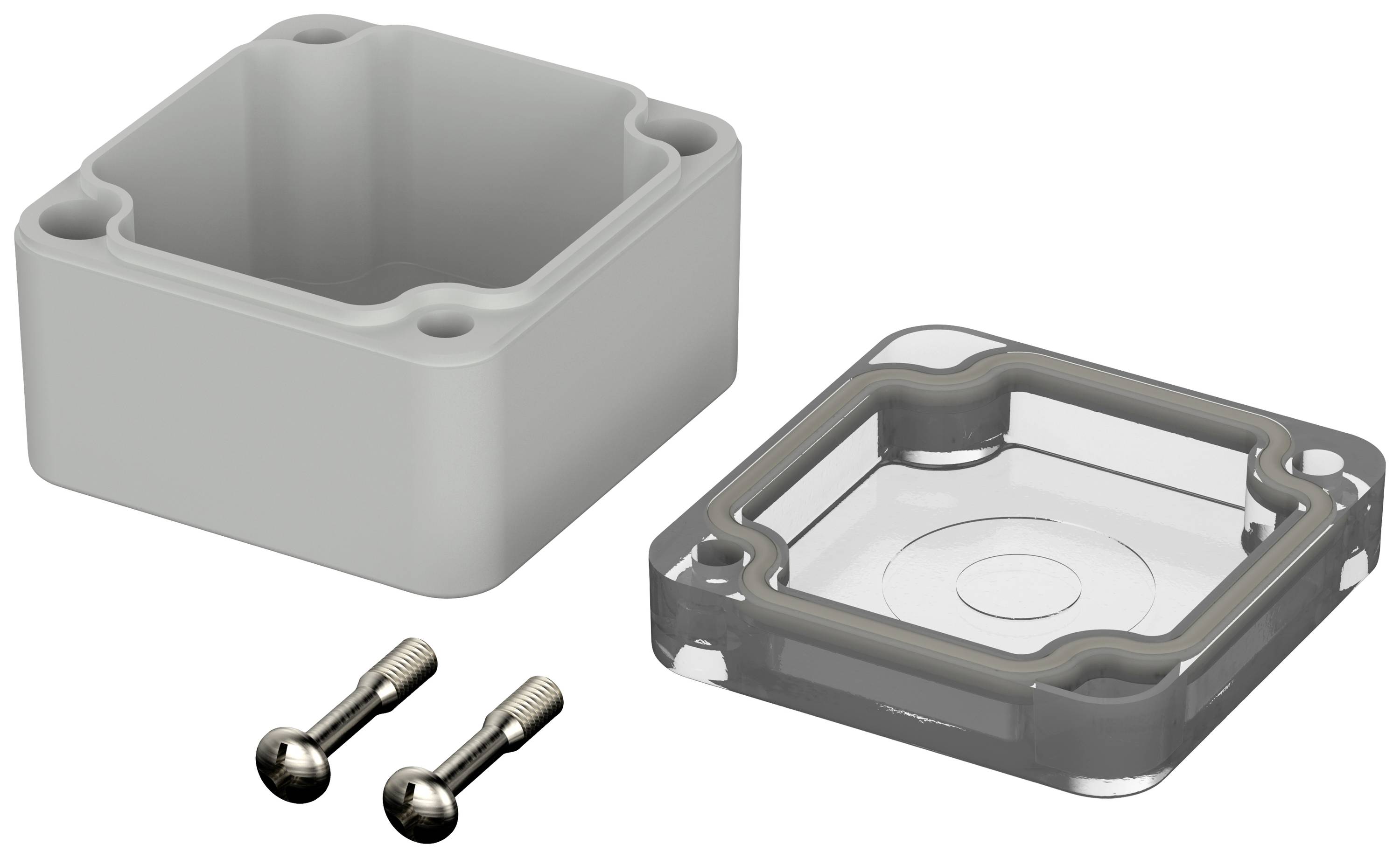 A square enclosure with a removable cover and two screws. Suitable for electronic components.