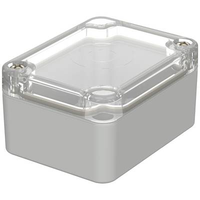 Rectangular white plastic enclosure with a transparent lid and screws in the corners, suitable for electronic components.