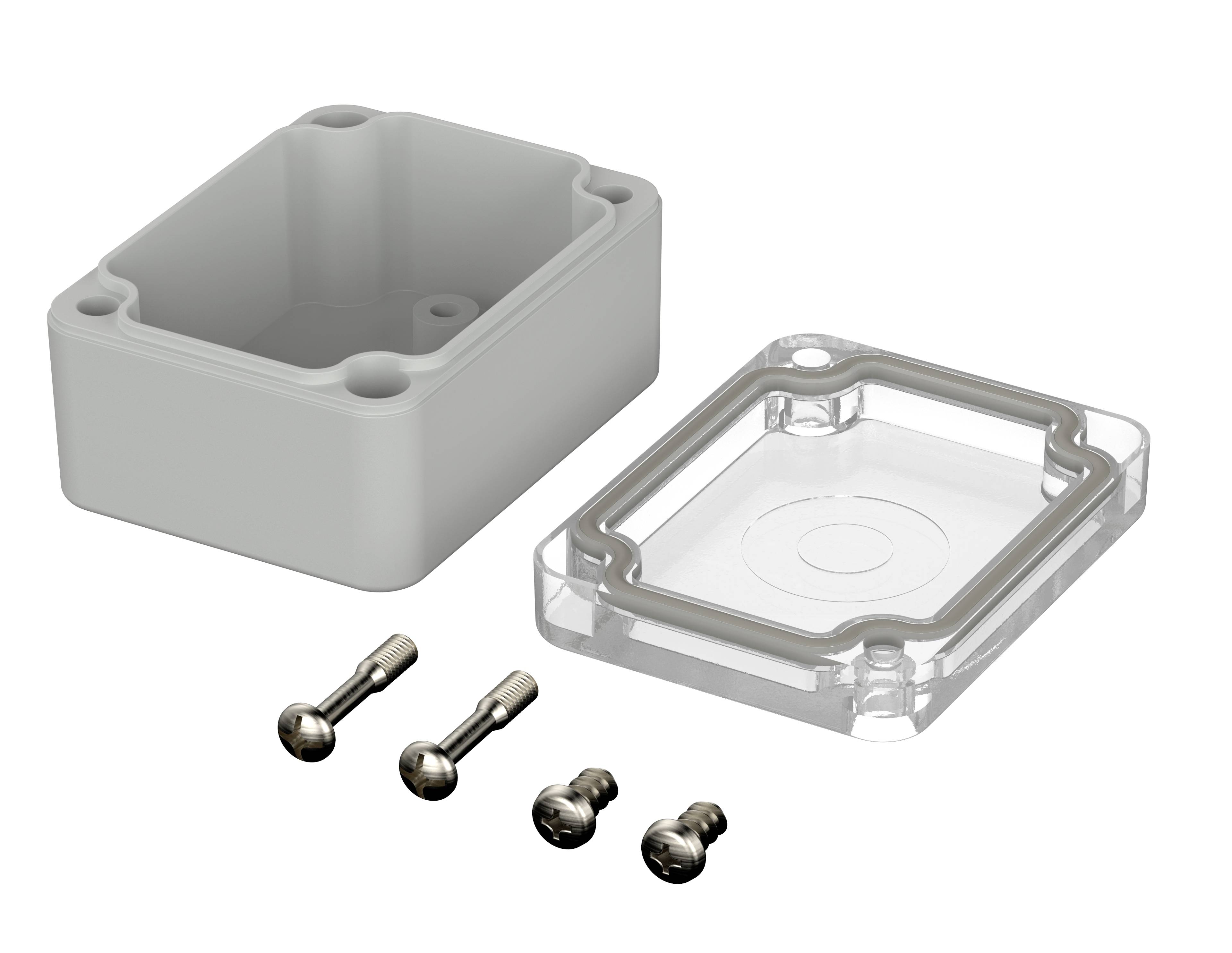 A grey plastic enclosure with a removable, transparent cover and four screws, presented for assembly.