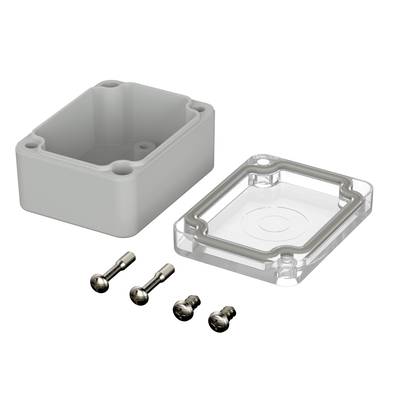 A grey plastic enclosure with a removable, transparent cover and four screws, presented for assembly.