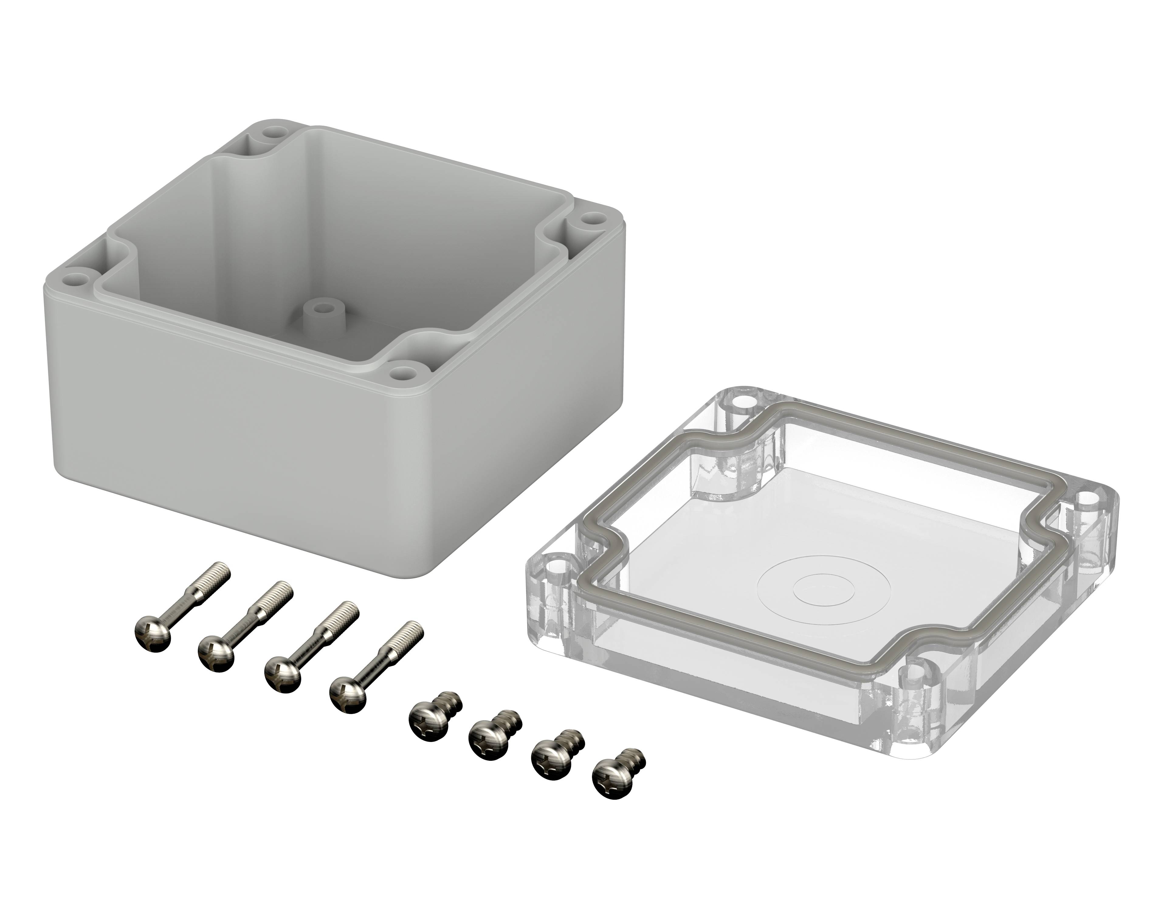 Grey casing and a transparent lid, both rectangular. Eight screws in two sizes alongside. Ideal for electronics projects.