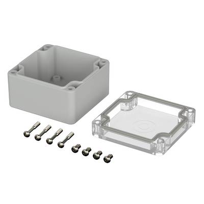 Grey casing and a transparent lid, both rectangular. Eight screws in two sizes alongside. Ideal for electronics projects.