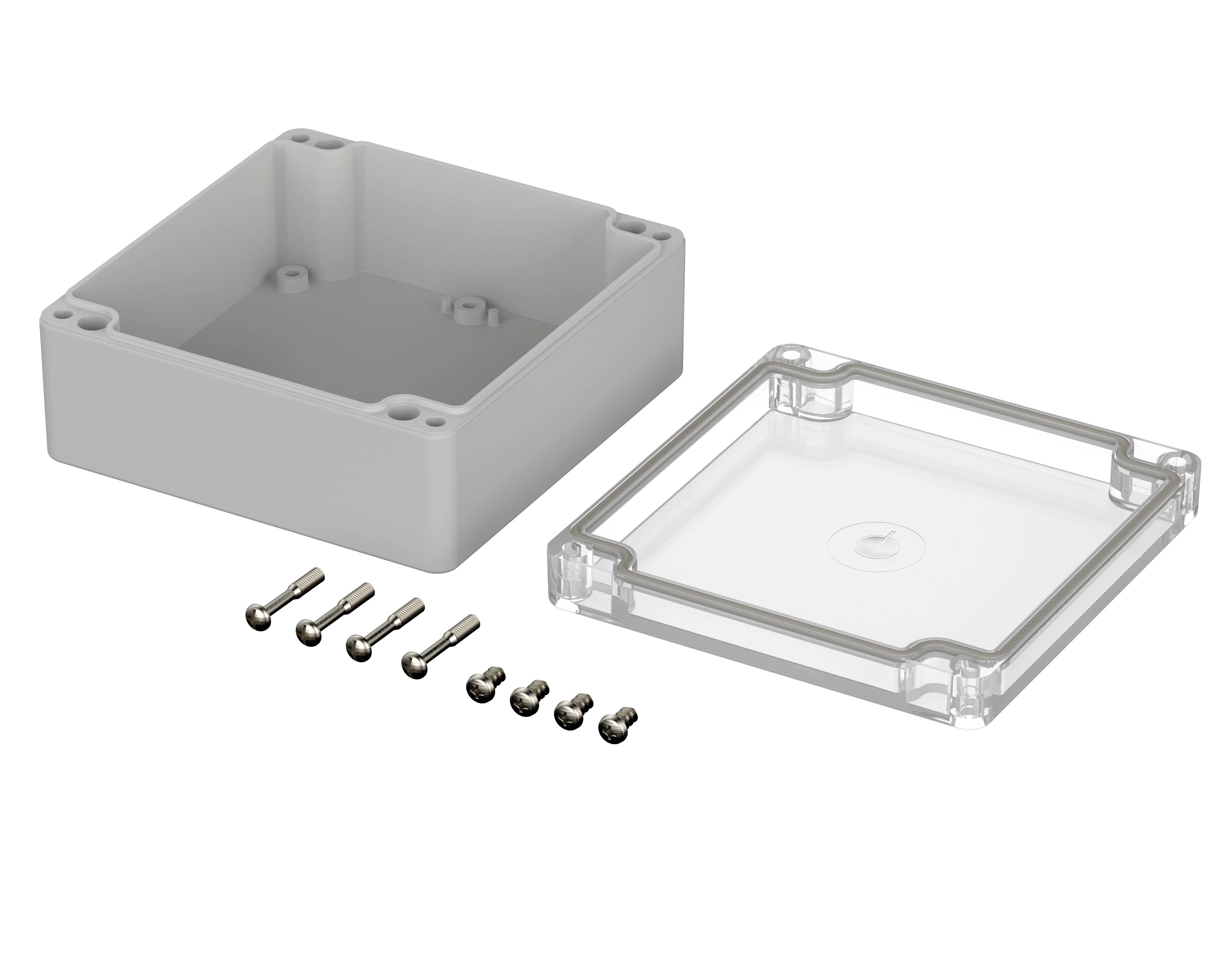 A grey enclosure with a removable transparent lid and six mounting screws.