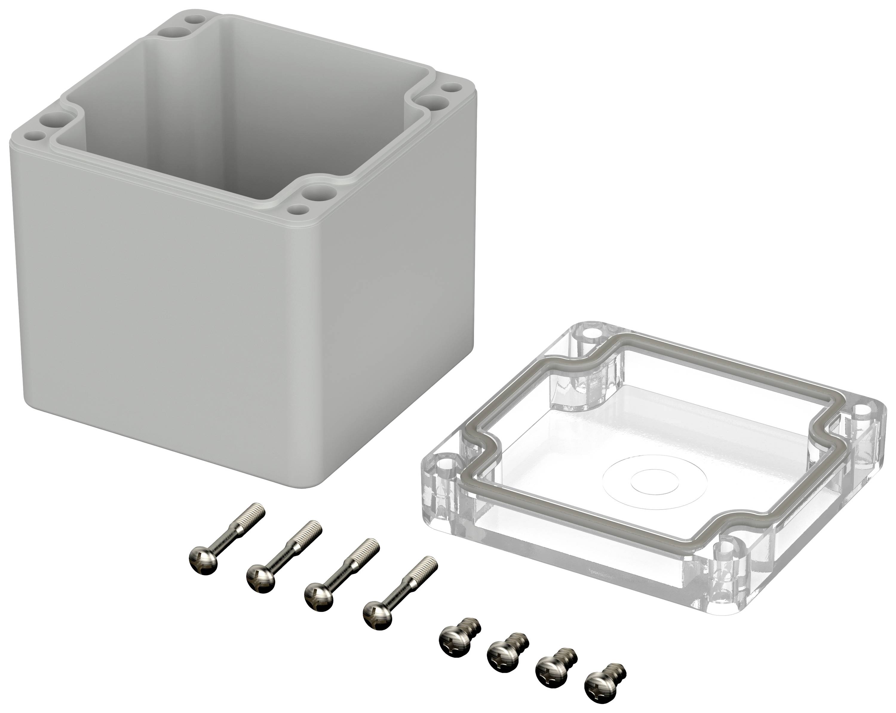 Grey housing with a removable, transparent lid and six screws beside it. Ideal for securely storing electronic components.
