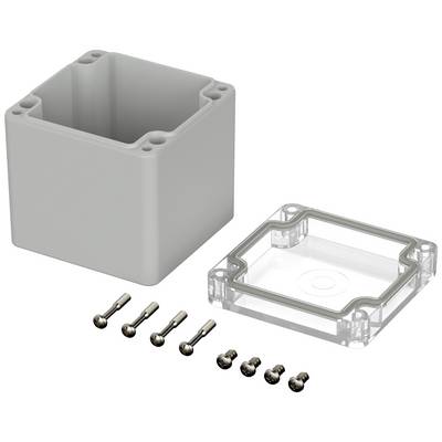 Grey housing with a removable, transparent lid and six screws beside it. Ideal for securely storing electronic components.
