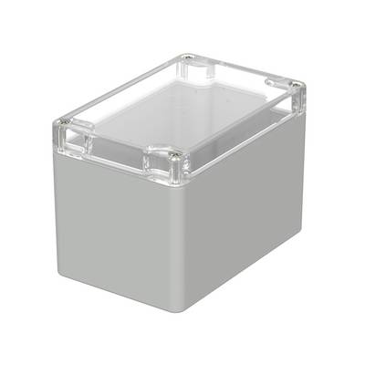 A rectangular, grey electronics enclosure with a transparent lid. Suitable for storing or protecting devices.