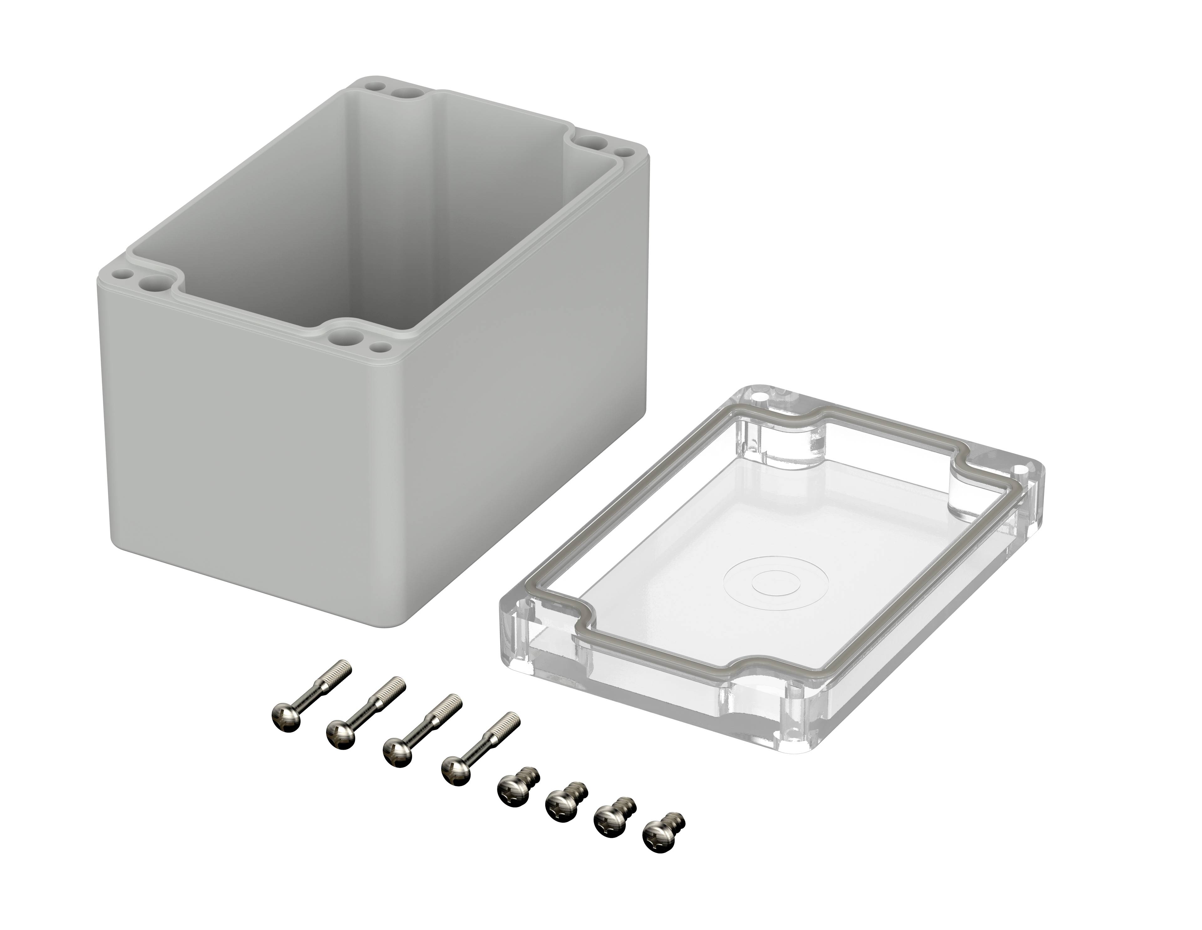 A grey plastic enclosure with a removable transparent lid, alongside six metal screws. Suitable for electrical installations.