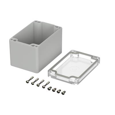 A grey plastic enclosure with a removable transparent lid, alongside six metal screws. Suitable for electrical installations.
