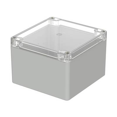 Transparent plastic box with removable lid, square-shaped, for storing electronic components or small devices.