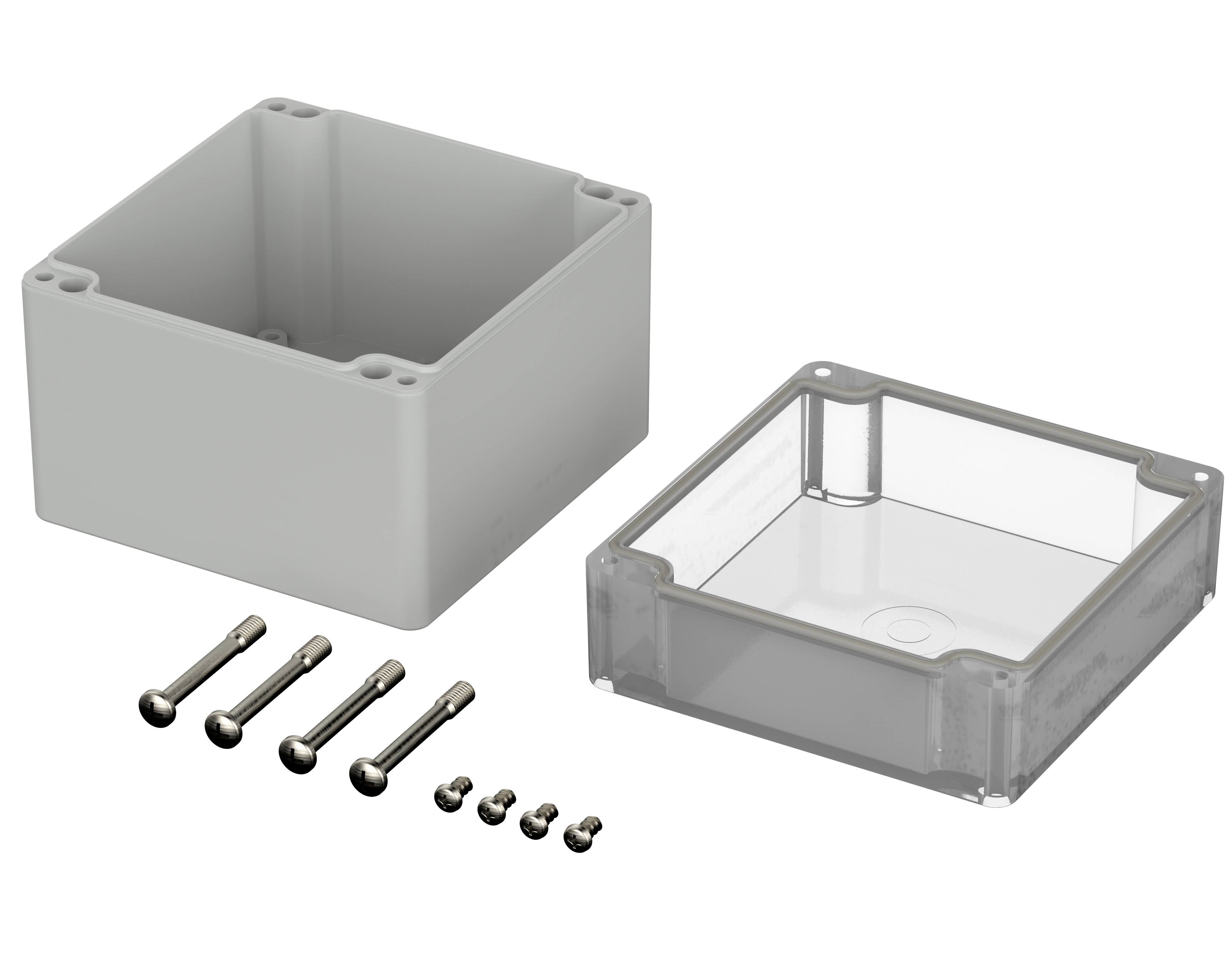 Housing set with a grey box, a transparent lid and six screws.