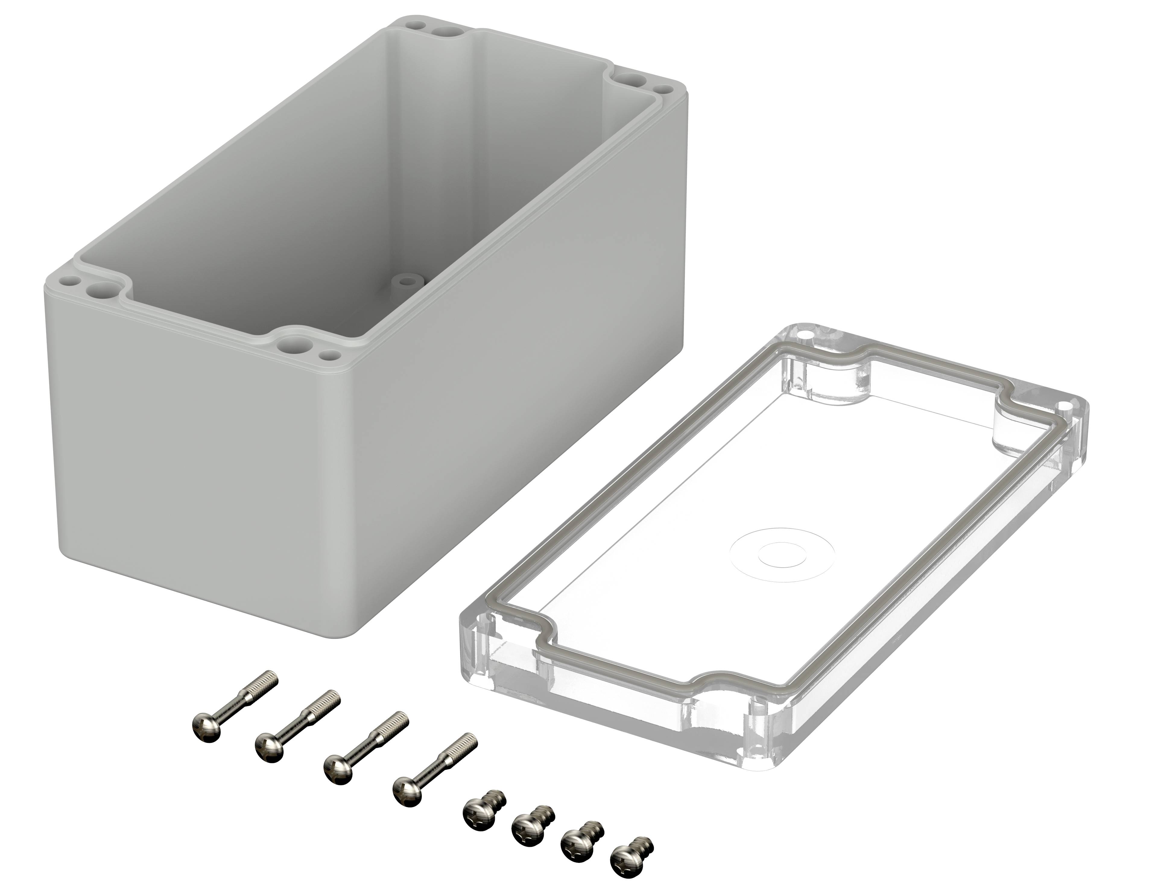 Grey rectangular housing with a removable, transparent lid and six silver screws beside it.