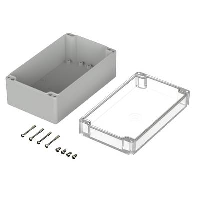 Housing set consisting of a rectangular grey base and a transparent lid, with matching screws.