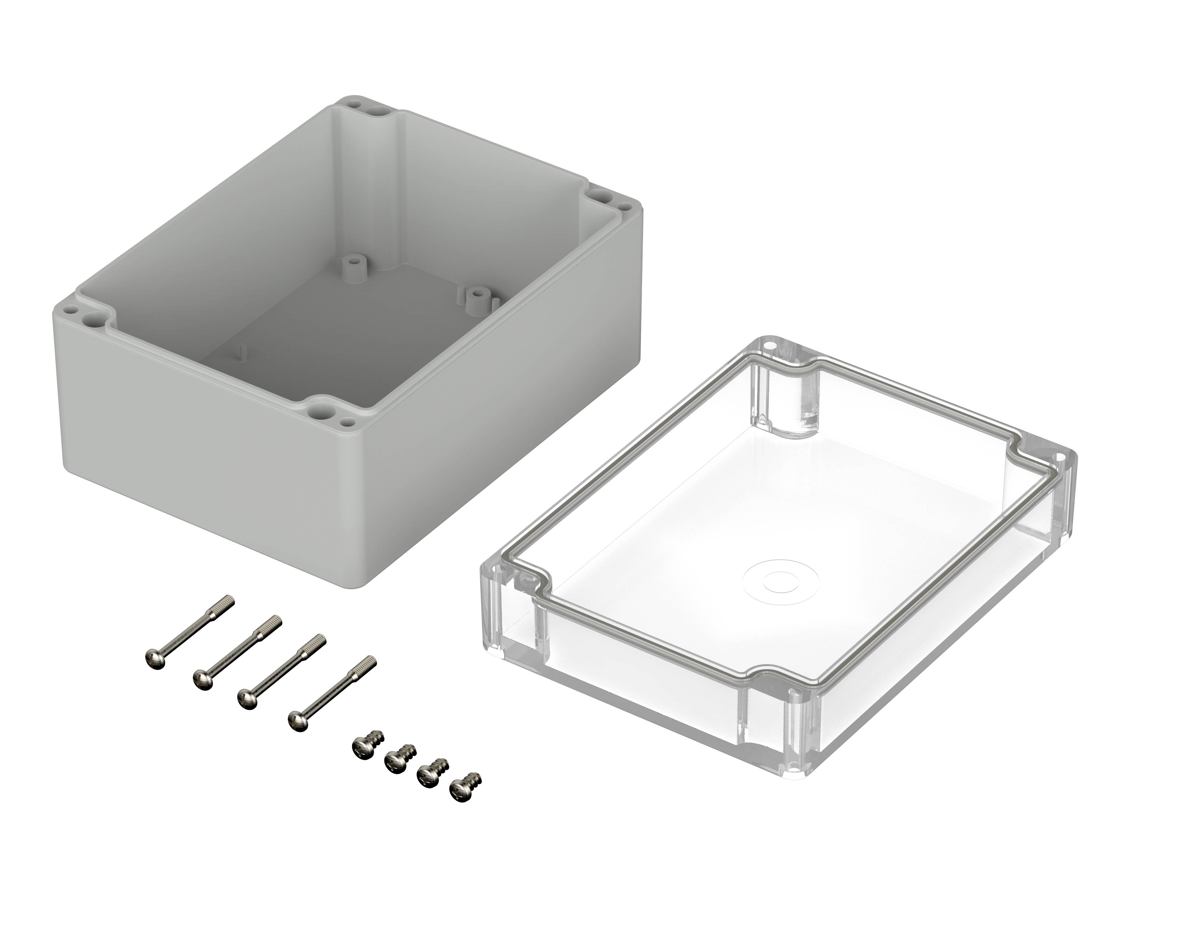 Electronic Enclosure: grey box, transparent lid, with screws beside it. Ideal for securely housing electronic components.