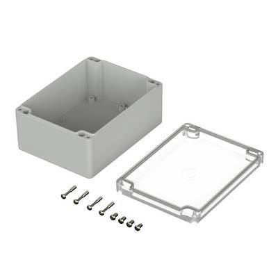 An open grey enclosure with a transparent lid and eight screws beside it.