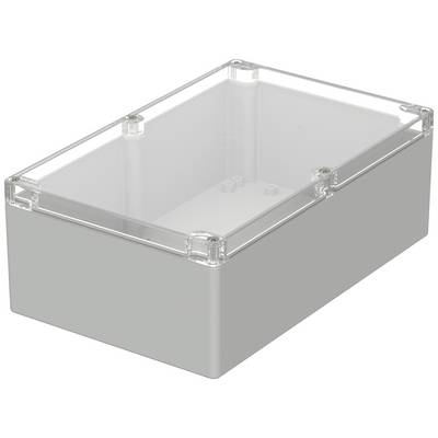 A rectangular, grey enclosure with a transparent lid. Suitable for electronics or circuit boards, showing mounting points.