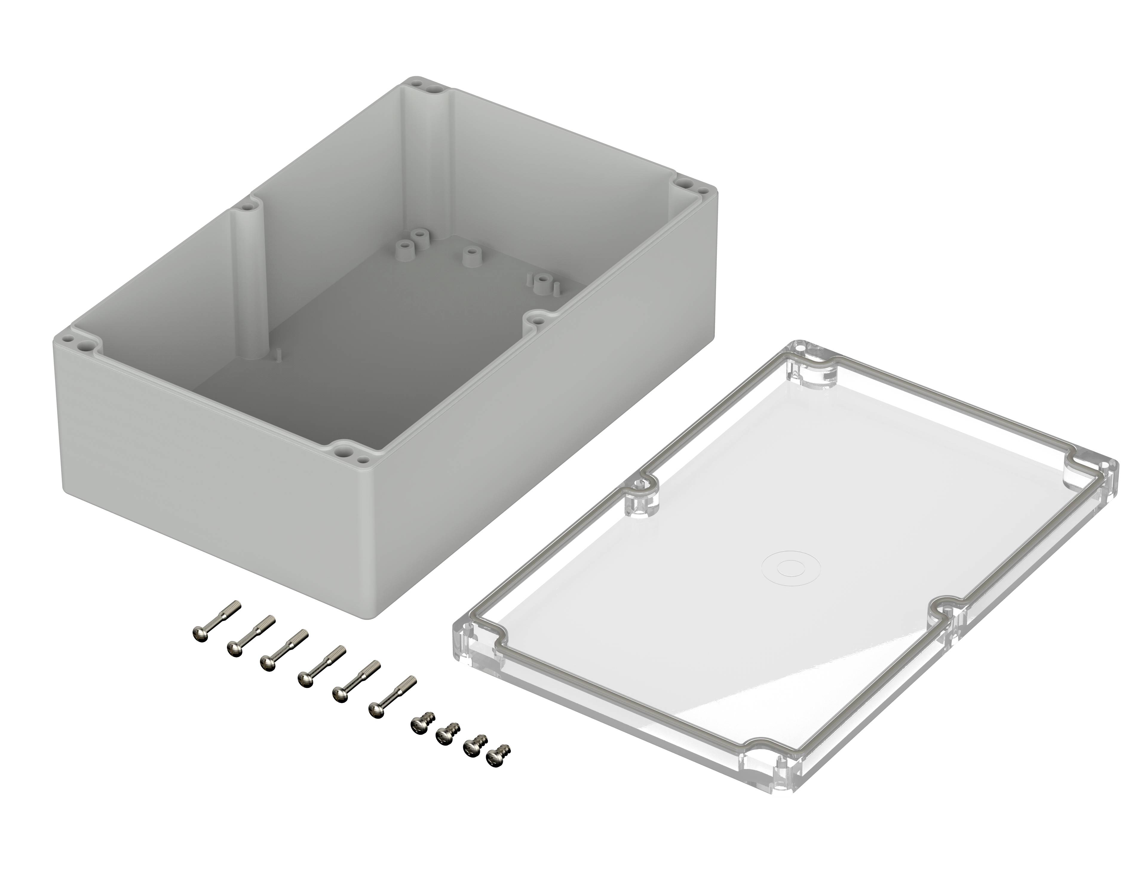 Housing kit with a removable, transparent lid and ten mounting screws. Ideal for electronic projects and protection.