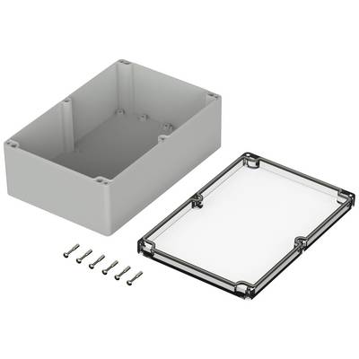 Grey rectangular enclosure with transparent lid and six screws, suitable for electronic components.