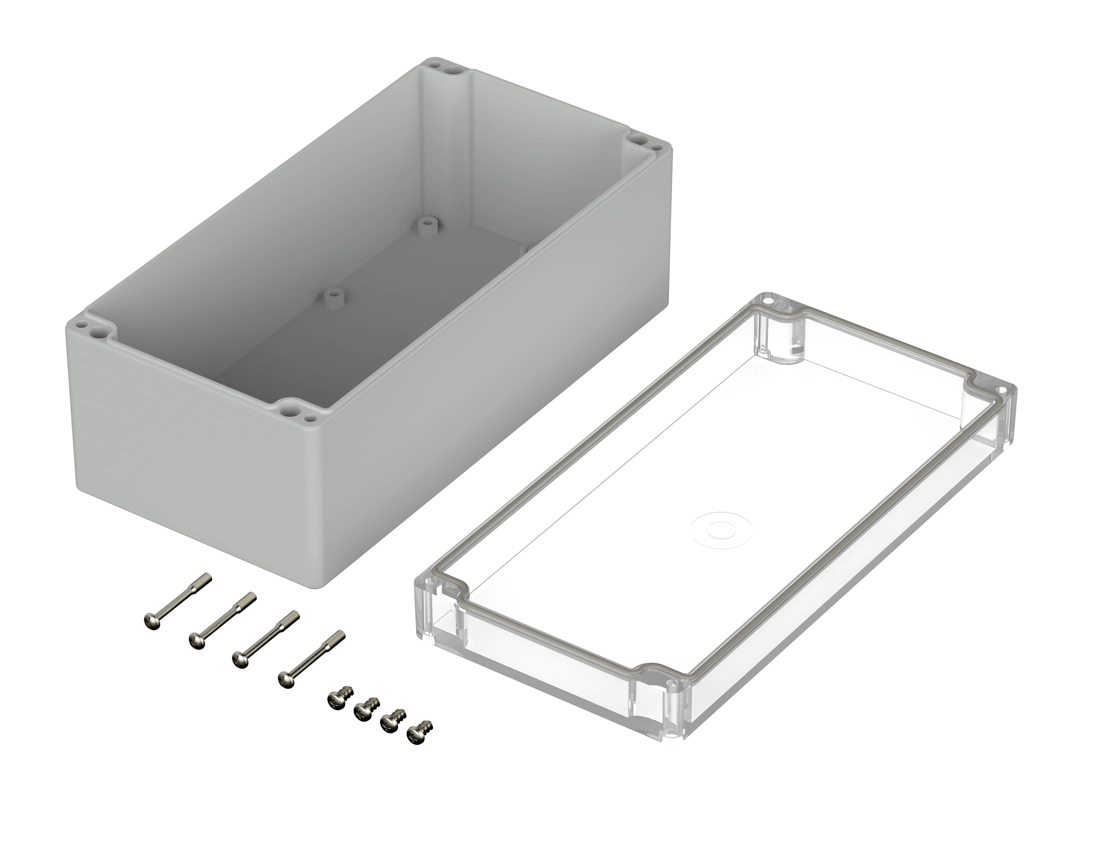 Grey rectangular enclosure with transparent lid, shown separately. Contains mounting screws. Ideal for electronic projects.