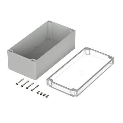 Grey rectangular enclosure with transparent lid, shown separately. Contains mounting screws. Ideal for electronic projects.