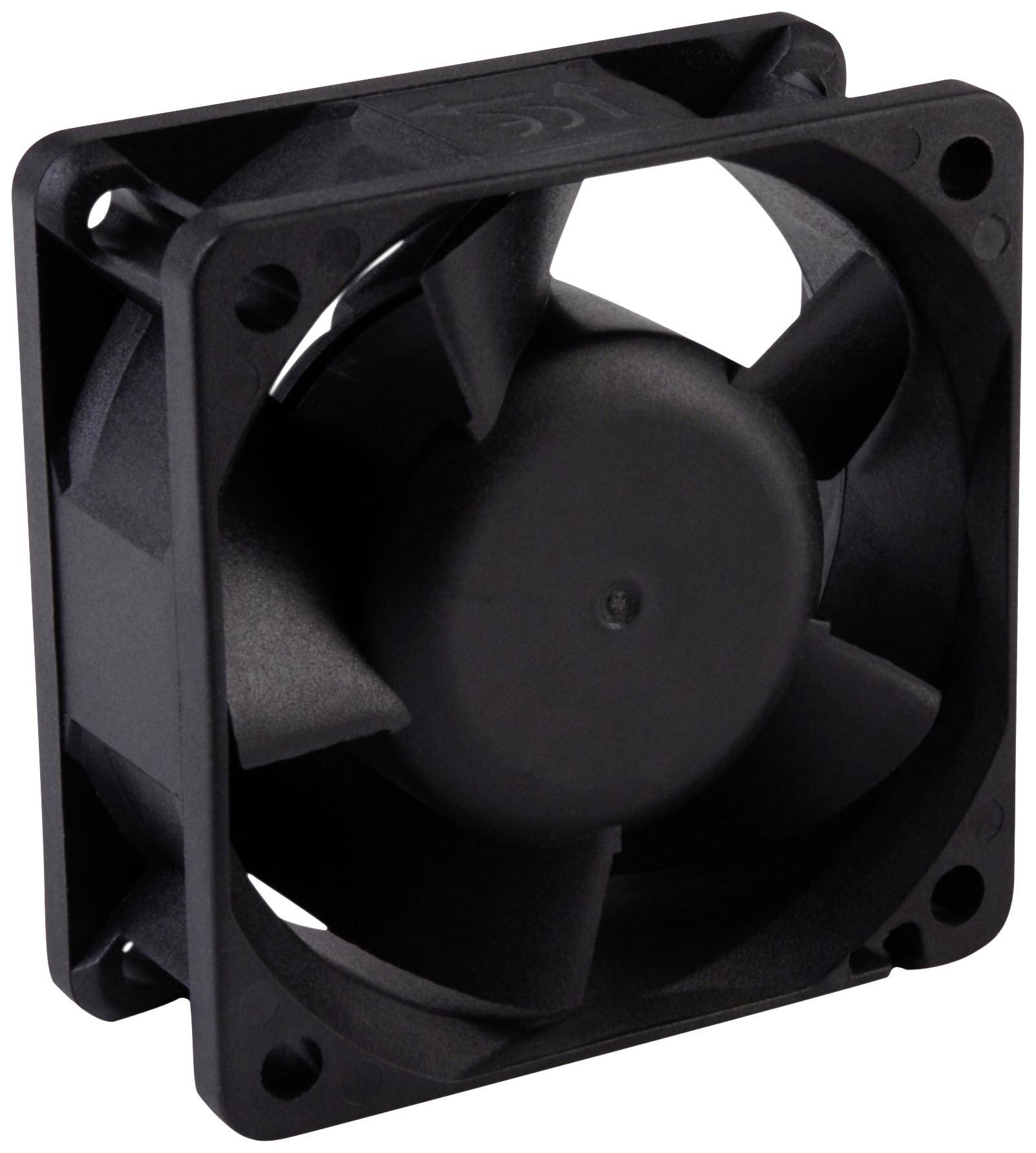 Four-bladed fan in a black plastic casing, typical for cooling electronic devices.